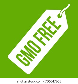 GMO free price tag icon white isolated on green background. Vector illustration