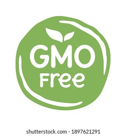 GMO free round green label with leaf and text, for genetically unmodified products