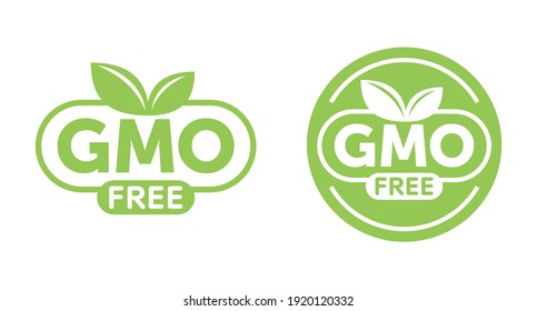 GMO free round green label with leaf and text, for genetically unmodified products packaging