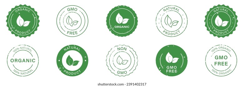 Gmo Free Rubber Stamp Set. Organic Bio Product Round Sticker Collection. 100 Percent Eco Natural Badge. Non Gmo Emblem. Vegan Food Green Grunge Label. Isolated Vector Illustration.