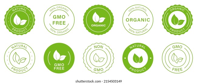 Gmo Free Silhouette Icon. Non Gmo, Vegan Food Glyph Green Badge. Healthy Symbol Set. Organic Bio Product Label. 100 Percent Ecology Natural. Eco Stamp Logo. Isolated Vector Illustration.