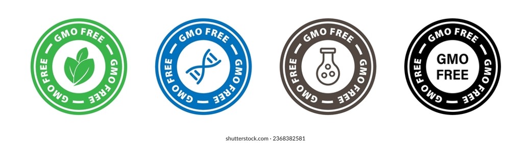 GMO free sticker, label, badge, stamp, emblem or sign. No GMO sticker. Eco, organic concept. No GMO in agriculture. Sign for products. Vector set