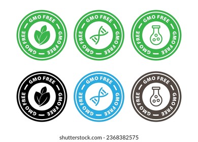 GVO-freier Aufkleber, Etikett, Stempel, Emblem oder Zeichen. Kein GVO. Öko-, Bio-Lebensmittel oder Pflanzen. Keine genetischen Veränderungen. Melden Sie sich für Produkte an. Vektorsymbol