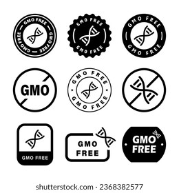 GMO free sticker, label, stamp, emblem or sign. No GMO sign. Eco, organic food or plants. No genetic modifications. Sign for products. Vector icon