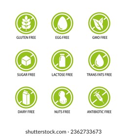 Gmo free, sugar, dairy, lactose, antibiotic, gluten free icon set. Set of allergen signs. Green dietary food symbol. vector illustration