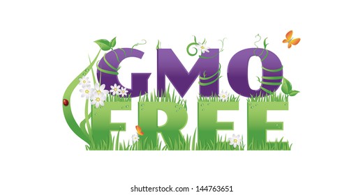 Gmo Free/ GMO Free text decorated with flowers,grass,water drops and ladybug, isolated on white