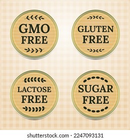 GMO, gluten, lactose, sugar free label, icon, sign. Sticker for organic products. Organic food badge. Vector illustration.
