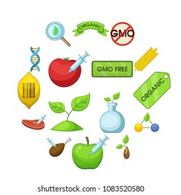 GMO goods set food. Flat illustration of 16 GMO goods vector icons for web