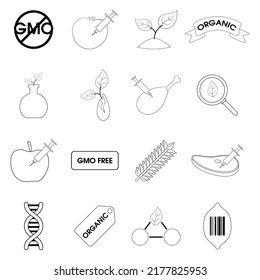GMO goods set food. Flat illustration of 16 GMO goods vector set icons in outline style isolated on white background