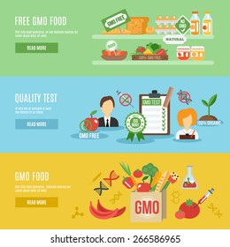 Gmo horizontal banner set with food quality test flat elements isolated vector illustration