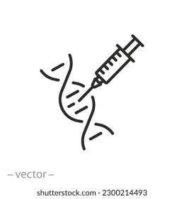 icono de gmo, dna helix con jeringa inyectada, organismo modificado genéticamente, concepto de bioingeniería, símbolo de línea delgada - ilustración de vector de trazo editable