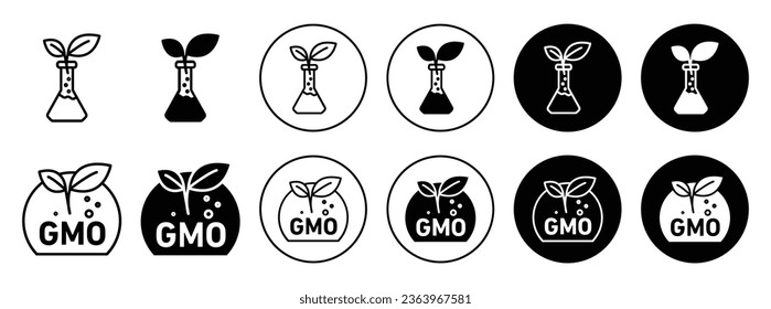 GMO icon. Non gmo or free from chemical use in agriculture product symbol set. Organic or natural gmo free food vector sign. Flask or beaker with leaf line icon.