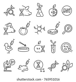 Gmo icon set. Genetically modified organism altered by means of genetic engineering, organisms created in a laboratory. Vector line art illustration isolated on white background