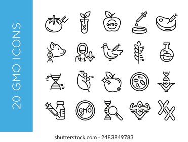 GMO Icons. Set of 20 trendy minimal icons. Example: Tomato , DNA Pig, Corn, Meat, Lab icon. Design signs for web page, mobile app, packaging design. Vector illustration.