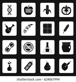 GMO icons set in white squares on black background simple style vector illustration