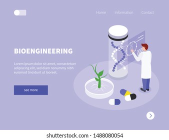 Gmo Isometric Background With Clickable Links Buttons Editable Text And Images Of Scientist Meds And Dna Vector Illustration