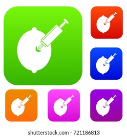 GMO lemon with syringe set icon color in flat style isolated on white. Collection sings vector illustration