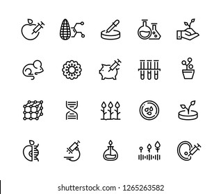 GMO Line Icons. DNA Food Research, Lab Agriculture Testing, Bacteriology Science Experiment. Genetic Engineering Vector Symbols
