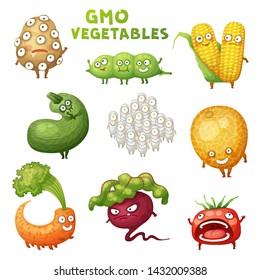 GMO Monster Vegetable Illustrations Set. Cartoon Vector Funny Character Icon Isolated on White Background