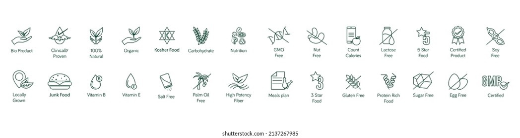 GMO, nut free, count calories, lactose, 
soy free, gluten, sugar, egg free, protein, gmp, bio, natural, clinically proven, organic, locally grown, palm oil free, nutrition,  kosher food, fiber, etc