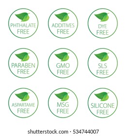 GMO, Phthalate, Additives, DYE,Paraben, SLS, Aspartame, MSG, Silicone free  - vector illustration.