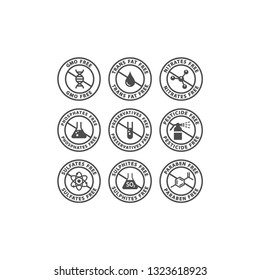 Gmo, preservatives, trans fat free vector badge label. Nitrates, sulfates, pesticides free glyph circle stamp set for packaging.