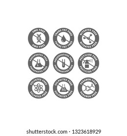 Gmo, preservatives, trans fat free vector badge label. Nitrates, sulfates, pesticides free glyph circle stamp set for packaging.