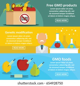 GMO products banner horizontal concept set. Flat illustration of 3 GMO products vector banner horizontal concepts for web