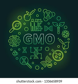 GMO vector circular green concept line illustration on dark background