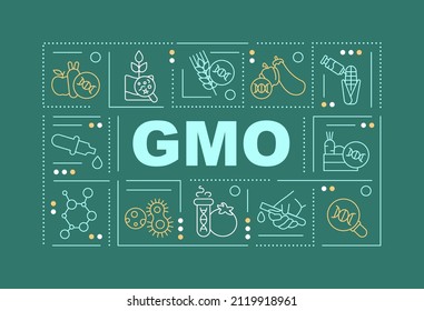 GMO word concepts dark green banner. Genetically modified organism. Infographics with icons on color background. Isolated typography. Vector illustration with text. Arial-Black font used