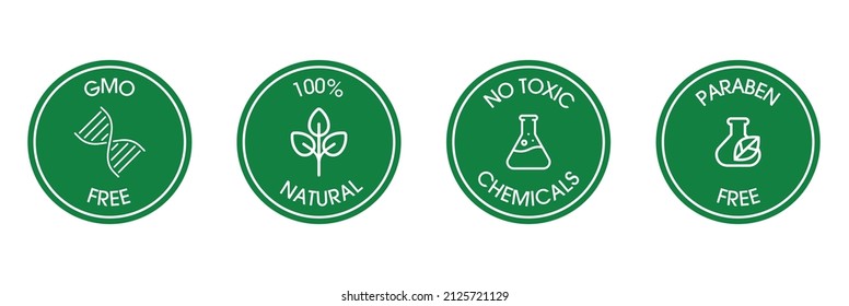 gmo-free, 100% natural, no toxic chemicals, paraben-free icon set vector illustration 