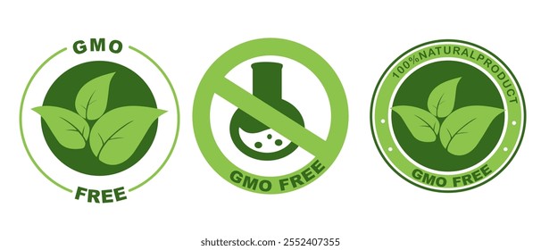 GMO-Free Certification Logos with Leaf and Laboratory Flask Symbols Perfect for use in organic product labeling, packaging, advertisements, food industry promotions, health campaigns.