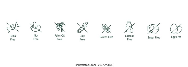 gmo-free, nut-free, palm oil-free, soy-free, gluten-free, lactose-free, sugar-free, egg-free line icon set vector illustration 