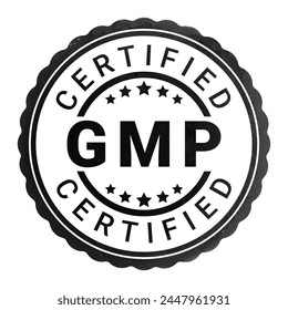 Certificación GMP. Etiqueta engomada certificada de la buena práctica de la fabricación del caucho del grunge negro con la Ilustración vectorial de cinco estrellas