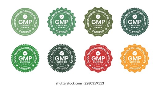 GMP Certified or Good Manufacturing Practice Certified Set Badge, Stamp, Icon, Seal, Label, Tag, Emblem For CBD Label Oil and Packaging Design Vector Illustration