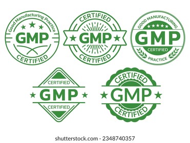 GMP zertifiziertes Symbol oder Label Set. Logo, Stempel oder Siegel der guten Herstellungspraxis. Hochwertiges Symbol. Vektorgrafik.