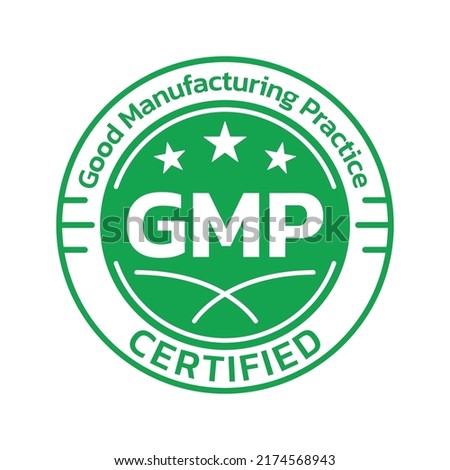GMP certified icon or logo. Good manufacturing practice stamp or seal design. Quality standard label. Vector illustration.