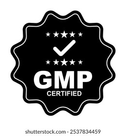 GMP Certified label ,Good Manufacturing Practice Black Round Circle Serrated Edge Flat sticker Badge with tick icon, GMP Approved Label, Supplement, Quality Control,Medical And Health 