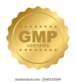 GMP Certified label, Good Manufacturing Practice gold Serrated Circle badge Badge with stars, GMP Aprovado Label, Supplement, Quality Control, Medical and Health Design Element Vetor Illustration (Etiqueta certificada GMP, etiqueta dourada de etiqueta de boas práticas de fabricação com estrelas, etiqueta aprovada GMP, suplemento, controle de qualidade, desenho médico e saúde) 