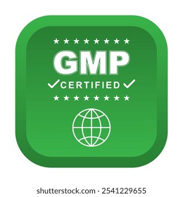 Etiqueta certificada GMP, buena práctica de fabricación, insignia redondeada verde de la etiqueta engomada del rectángulo con las estrellas y el icono del globo para el suplemento, control de calidad, diseño médico y de la salud Elemento 