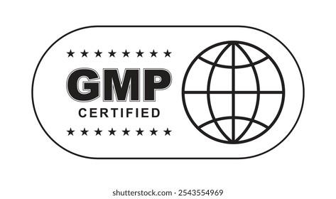 Etiqueta certificada GMP, buena práctica de fabricación Insignia negra redondeada de la etiqueta engomada del rectángulo con las estrellas y el icono del globo para el suplemento, control de calidad, Ilustración vectorial médica del elemento del diseño de la salud