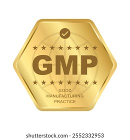 Etiqueta certificada GMP, buena práctica de fabricación, insignia brillante redondeada del polígono del oro con las estrellas, etiqueta aprobada GMP, suplemento, control de calidad, elemento médico y del diseño de la salud