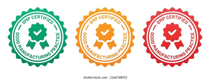 GMP certified label vector badge. Good manufacturing practice stamp sign.