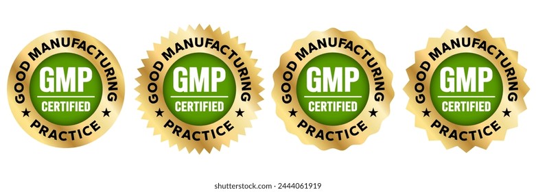 GMP Certified logo. Good Manufacturing Practice Certified Set Badge, Stamp, Icon, Seal, Label, Tag, Emblem For CBD Label Oil and Packaging Design Vector Illustration