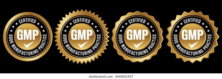 Logo certificado GMP. Insignia certificada del sistema de la buena práctica de fabricación, sello, icono, sello, etiqueta, etiqueta, emblema para el aceite de la etiqueta del CBD y la Ilustración vectorial del diseño del embalaje