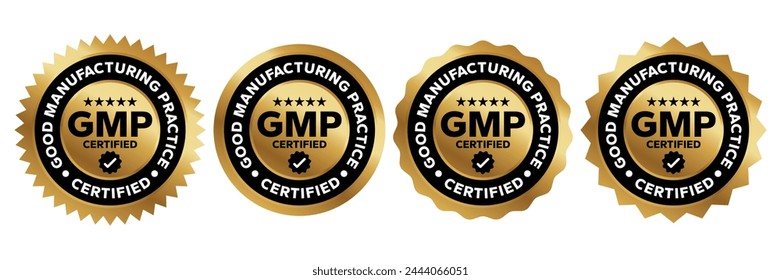 Logo certificado GMP. Insignia certificada del sistema de la buena práctica de fabricación, sello, icono, sello, etiqueta, etiqueta, emblema para el aceite de la etiqueta del CBD y diseño del embalaje. Ilustración vectorial