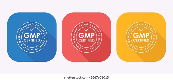 GMP Certified Logos in Blue, Red, and Yellow Squares Good Manufacturing Practice