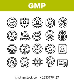 Gmp Certified Mark Collection Icons Set Vector Thin Line. Gmp Good Manufacturing Practice In Form Shield And Medal, Check Signs And Star Concept Linear Pictograms. Monochrome Contour Illustrations