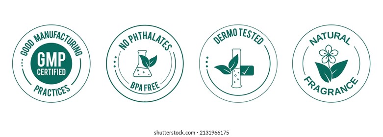 GMP certified, no phthalate, BPA free, dermo tested, natural fragrance icon set vector illustration 