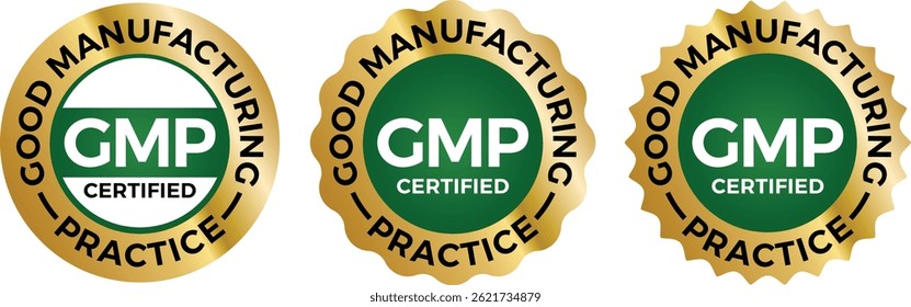 GMP Certified Round Stamp – Green and Gold Good Manufacturing Practice Vector Seal on White Background